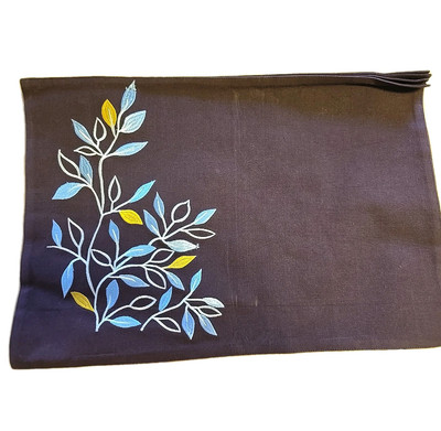 Cotton Linen Brown Embroidered 100%  Placemats Set of 4 Unused Blue Gold 13