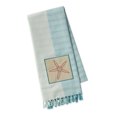 Cotton Kitchen Dish Towel - Beach House Themed Starfish With Tassels 18x28 NEW-image