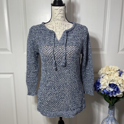 Eddie Bauer Womens Blue Long Sleeve Tie Neck Knitted Pullover Sweater Size Large-image