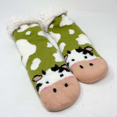 Multicolor COW Knit Green Pink Ivory Bootie Slippers Faux Shearling Lining OS-image