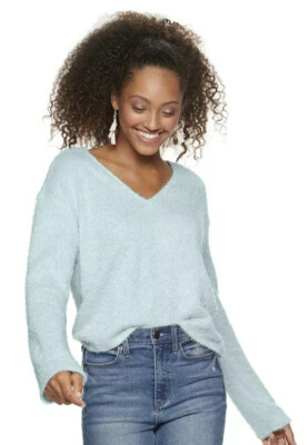 Junior So Cozy V Neck Eyelash Pullover Fuzzy Soft Top Sweater Frost Bite L Nwt-image