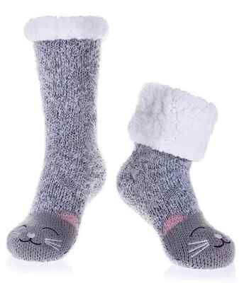 Women's Cat Slipper Socks With Grippers Cozy Fuzzy Soft Thick Winter Warm-image