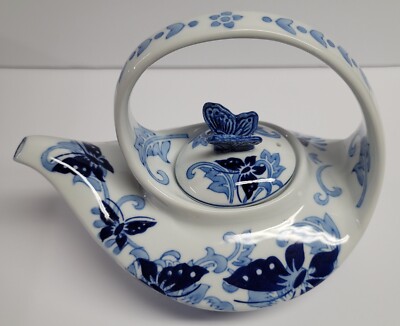 Pier 1 One Imports Teapot Butterfly Design Blue White Porcelain Hand Paint w/Lid-image