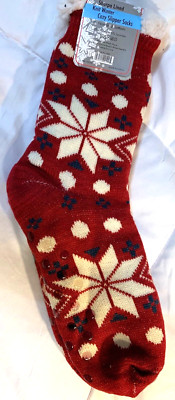 Womens Red Snowflake Soft Sherpa Lined Non Skid Slipper Socks-image