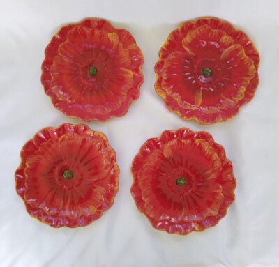 Pier 1 Imports Red POPPIES Poppy Earthenware 8” Salad Dessert Plates Set of 4-image