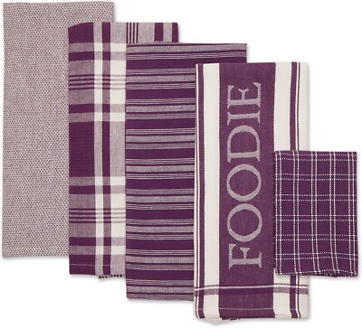 Everyday Eggplant Cotton Foodie Kitchen Dishtowel And Dishcloth- 5 Pieces-image