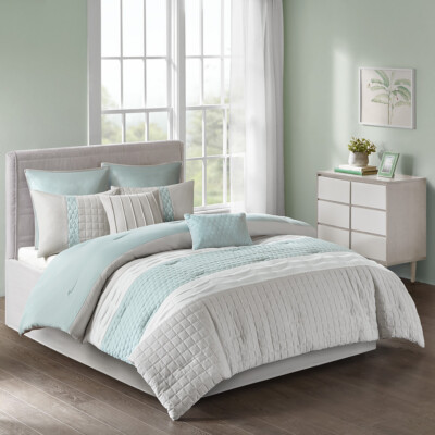 NEW! ~ COZY CHIC BLUE GREEN GREY GEOMETRIC MODERN SOFT SEAFOAM COMFORTER SET-image