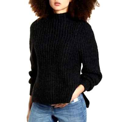 New Leith Chunky Knit Mock Neck Side Slit Sweater Black Multi Size XXS-image
