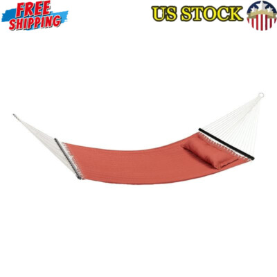 Terracotta Double Hammock W/ Pillow Durable Polyester Hardwood Bars 55 x 135 In-image