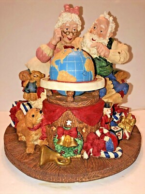 Vintage Santa & Mrs Clause Plan The Route Lighted Wind Up Musical Figurine Large-image