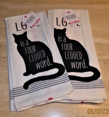 Design Imports set 2 black cat kitchen towels; cotton; NWT; 28 x 18 inches-image