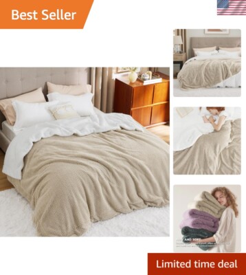 King Size Sherpa Blanket in Beige - Cozy Herringbone Fleece for Winter Warmth-image