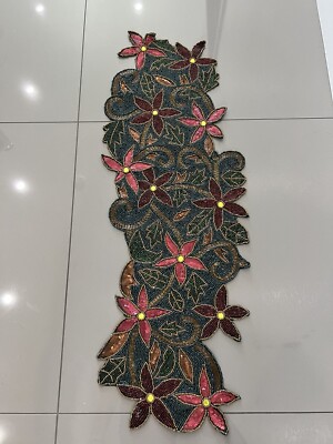 Pier One Imports Beaded Table Runner Centerpiece 35” Christmas Floral Design-image