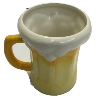 Pier 1 Imports Beer Mug Design w/Frothy Foam Yellow/White Porcelain 4-3/4