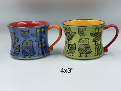 Pier 1 Imports Hand Painted Stoneware Blue and Green Owl Design Coffee Mugs 4x3”-image