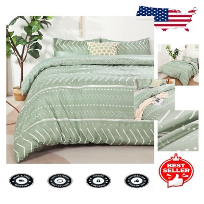 Sage Green Bohemian Aztec Full Comforter Set - Luxurious Bedding for All Seasons-image