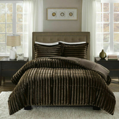 New! ~  COZY ULTRA PLUSH SOFT CHOCOLATE BROWN FUR MODERN LUXURY COMFORTER SET-image
