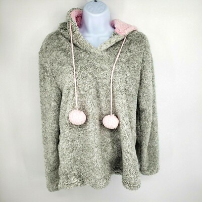 Francesca's Womens Shaggy Knit Hoodie Sweatshirt Size Small Gray Pink Pom Pom-image