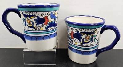 (2) Pier 1 Imports San Marino Mugs Set Floral Scroll Blue Band Yellow Coffee Cup-image