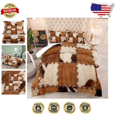 Rustic Cowhide Queen Bedding Set with Matching Pillowcases - Cozy & Chic-image
