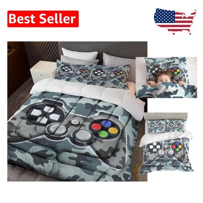 Modern Camo Grey Gamer Bedding Set - 3-Piece Full Comforter and Pillow Cases-image