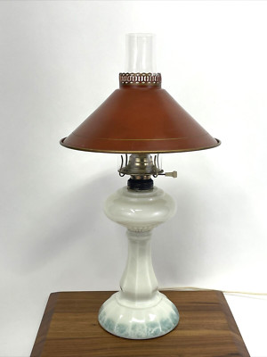Vtg Victorian Farmhouse Converted Oil Table Lamp Red Tole Shade Boho Nautical-image
