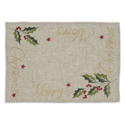 Embroidered Table Placemat - Merry Christmas Holly Accent 13x19 by Design Import-image