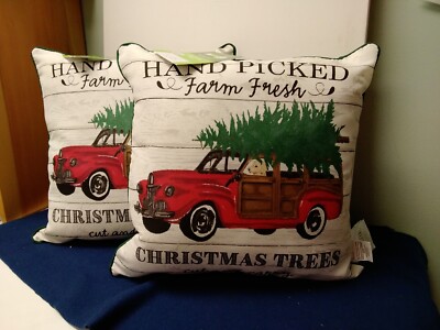 Mainstays Outdoor Christmas Pillows Set of 2 White/Green/Red Pick-up with Tree-image
