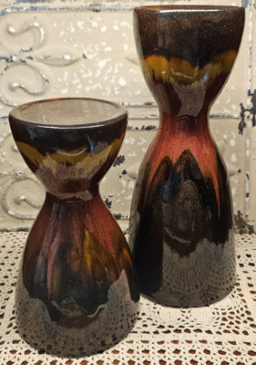 Pair of Pier 1 Imports Ceramic Pillar Candle Holders Shimmer Glaze Graduated Sz-image