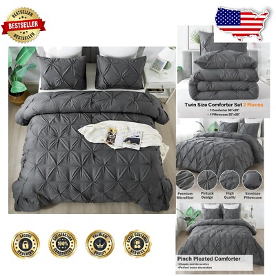 Modern Twin Size Gray Pinch Pleat Comforter Set with Pillowcase, 2 Pieces-image