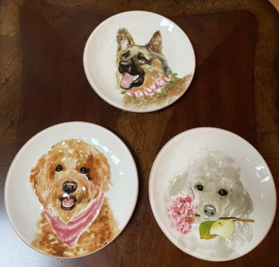 Pier 1 Dolomite Assorted Design Posh Puppy Dog Pink Trim 8.5 in. Plate Set of 3-image