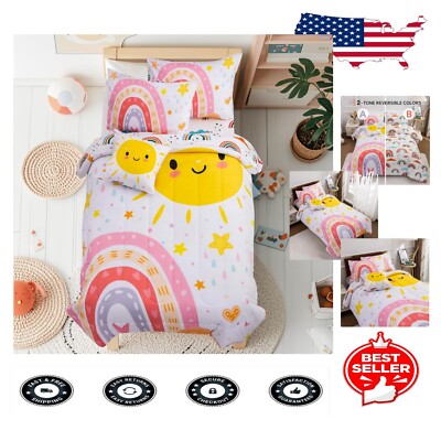 Cozy Twin Rainbow Comforter Set - 5-Piece Kids Bedding in Pink & Cartoon Design-image