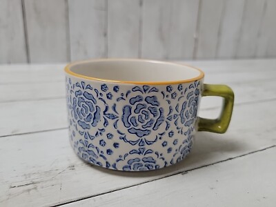 Pier 1 Imports Coffee Cup Mug Hand Painted Floral Design Blue & White -image