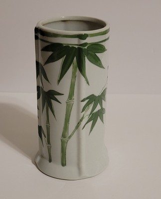 Vintage AAA Imports Chinoiserie White & Green Handpainted Bamboo Design Vase-image