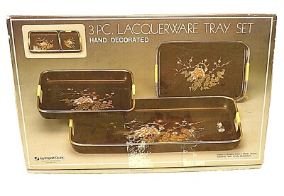 Vintage Mandarin 3 Piece Lacquerware Tray Set Black Flower Plant Design NOS-image
