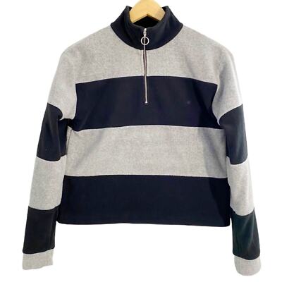 DIP Women’s Black & Gray Stripe 1/4 Zip Up Fleece Pullover, Size XS-image