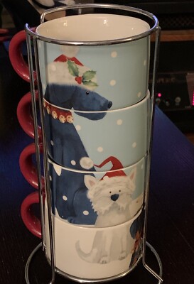 Pier 1 Set of 4 Stackable Dogs Coffee Mugs Cups & Rack Christmas Dogs Design EUC-image