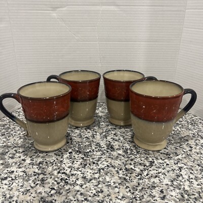 Pier 1 Imports Red Scroll Mug Stoneware Footed  Set of 4 Large Coffee/Tea/Soup-image
