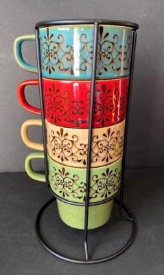 Pier 1 Imports Set of 4 Stacking Stoneware Coffee Mug Cups Red Yellow Blue Green-image