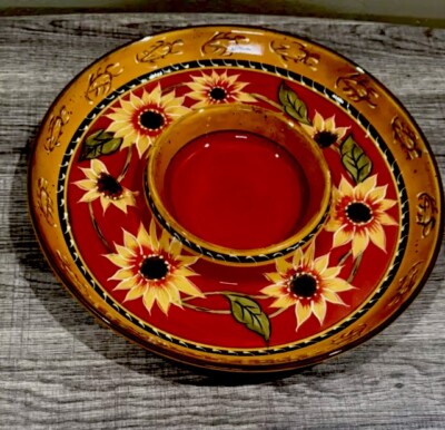 Pier 1 RETIRED Chip/Veggie & Dip Plate Hand Painted Terracotta Sunflower Design-image