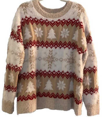 Ugly Christmas Sweater Women XL 3D Knit Fuzzy Cozy Snowflake Trees Holiday Time-image
