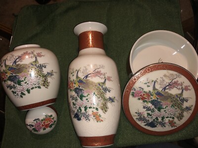 Vintage 1979 Satsuma Arnart Imports Peacock Floral Design 3 Piece Set-image