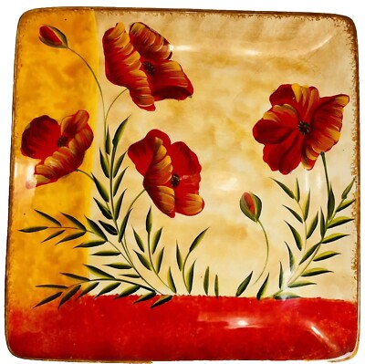 Pier 1  Red and Orange Poppies Tre Sorelle 10.5” Square Dinner Plate 4E-image
