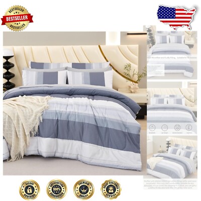 All-Season Full Size Light Grey Stripe Comforter Set - 8 Pieces for Cozy Decor-image