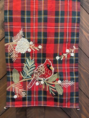 Pier One Red Black Plaid Table Runner 13” X 72” Cotton Winter Cardinal Appliques-image