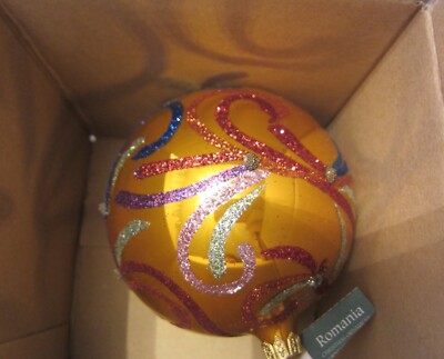 PIER 1 Swirl Design Glass Ball Christmas Ornament, Yellow.  Made in Europe, NEW!-image