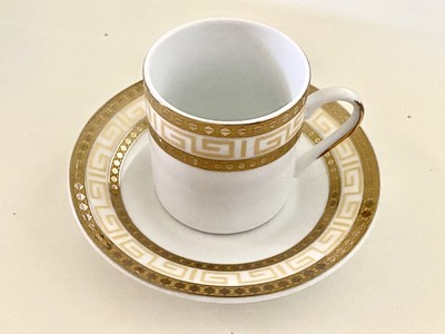 Casati Fine Porcelain Greek Key Expresso Cup & Saucer Gold/White Aramco Imports-image