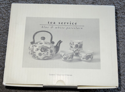 Pier 1 Imports Blue & White Porcelain Tea Set Pot 4 Cups Floral Design NIB-image