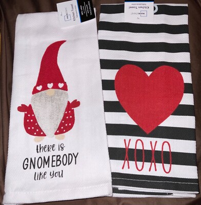 2 Kitchen Tea Towels & 2 Pot Holders 4 pc  Set - Gnome & Hearts - Valentines New-image