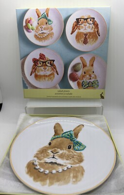 Pier 1 One Easter Rabbits Bunnies Porcelain Salad Dessert Plates Set Of 4 In Box-image